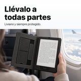 Kindle Paperwhite con funda libro negra en un viaje en avión