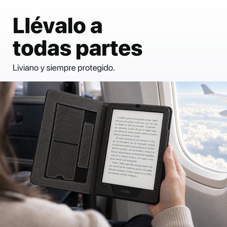 Kindle Paperwhite con funda libro negra en un viaje en avión
