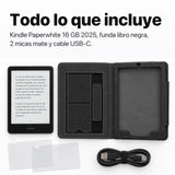 Contenido del pack: Kindle Paperwhite, funda libro negra, 2 micas mate y cable USB-C