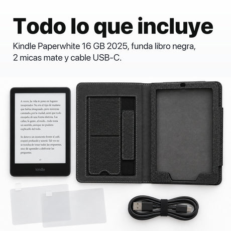 Contenido del pack: Kindle Paperwhite, funda libro negra, 2 micas mate y cable USB-C