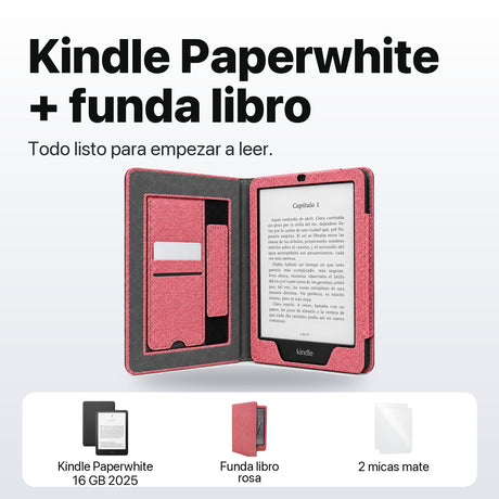 Qué incluye: Kindle Paperwhite 16 GB 2025, funda libro rosa y 2 micas mate