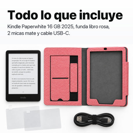 Contenido del pack: Kindle Paperwhite, funda libro rosa, 2 micas mate y cable USB-C