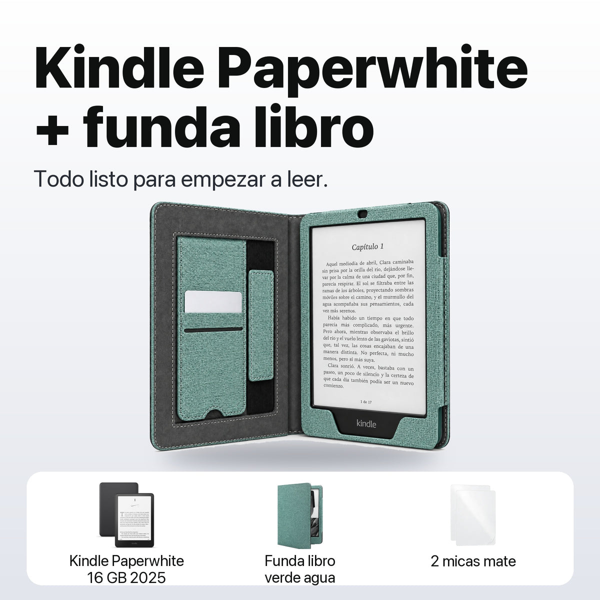 Qué incluye: Kindle Paperwhite 16 GB 2025, funda libro verde agua y 2 micas mate
