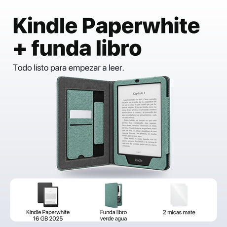 Qué incluye: Kindle Paperwhite 16 GB 2025, funda libro verde agua y 2 micas mate