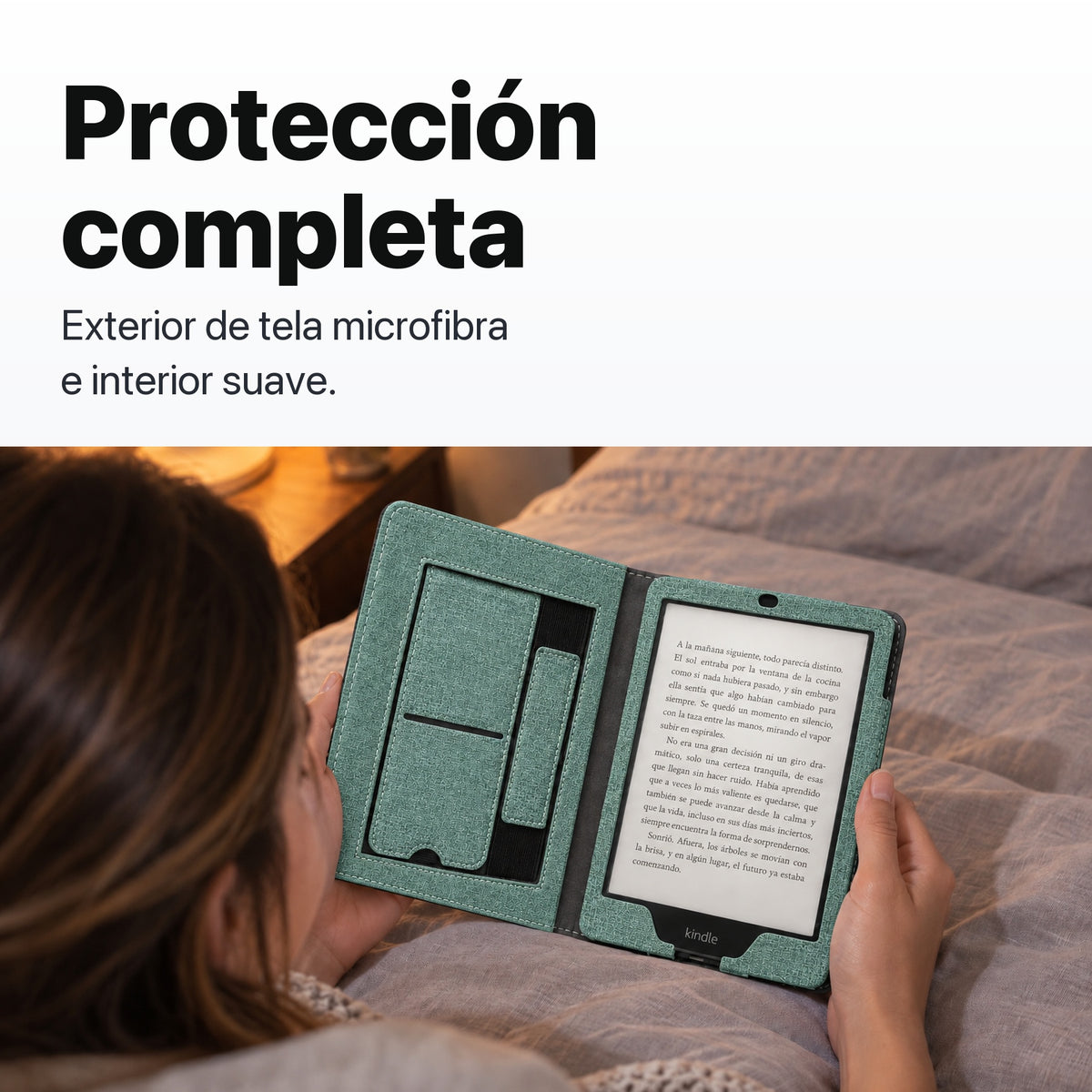 Funda libro verde agua de tela microfibra para Kindle Paperwhite