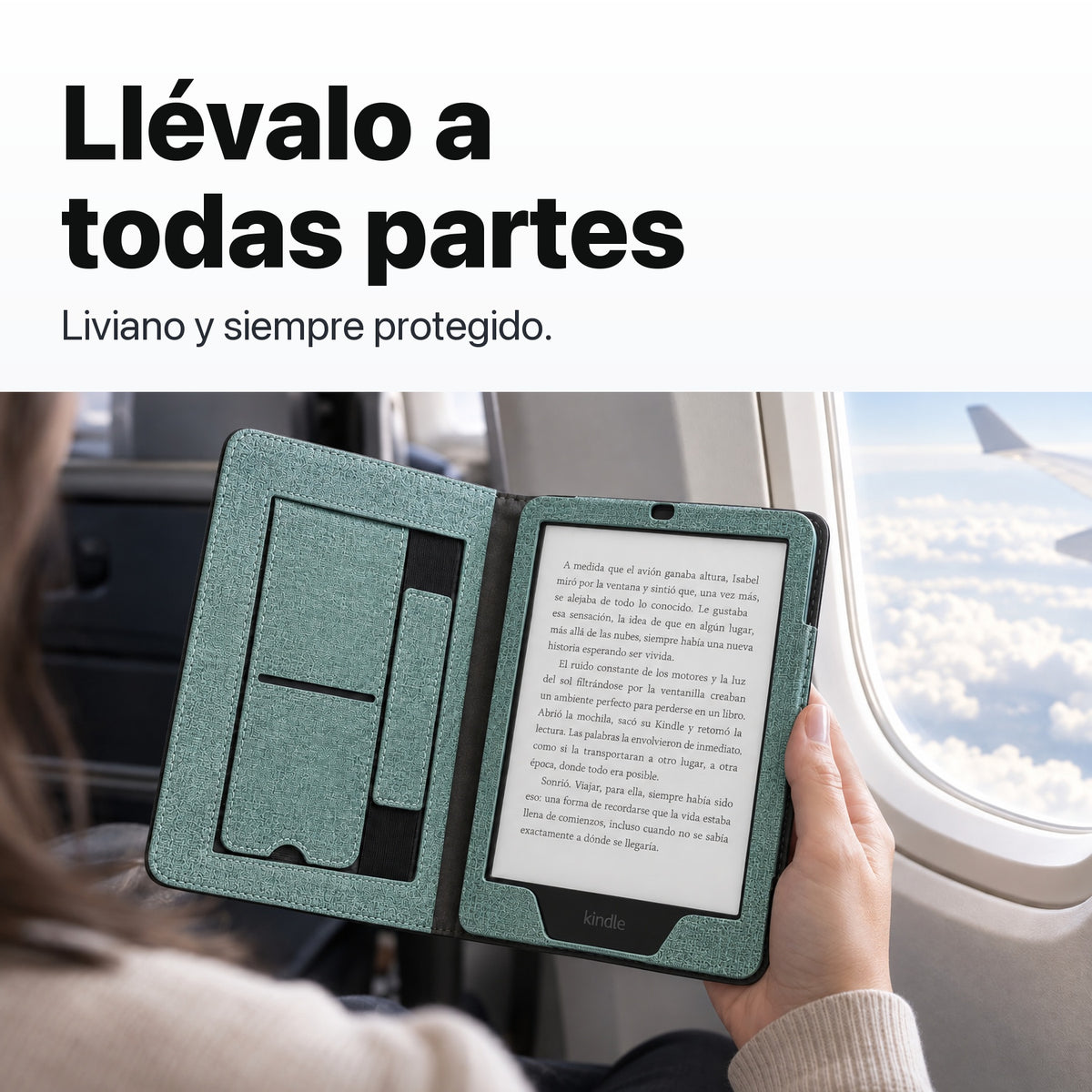 Kindle Paperwhite con funda libro verde agua en un viaje en avión