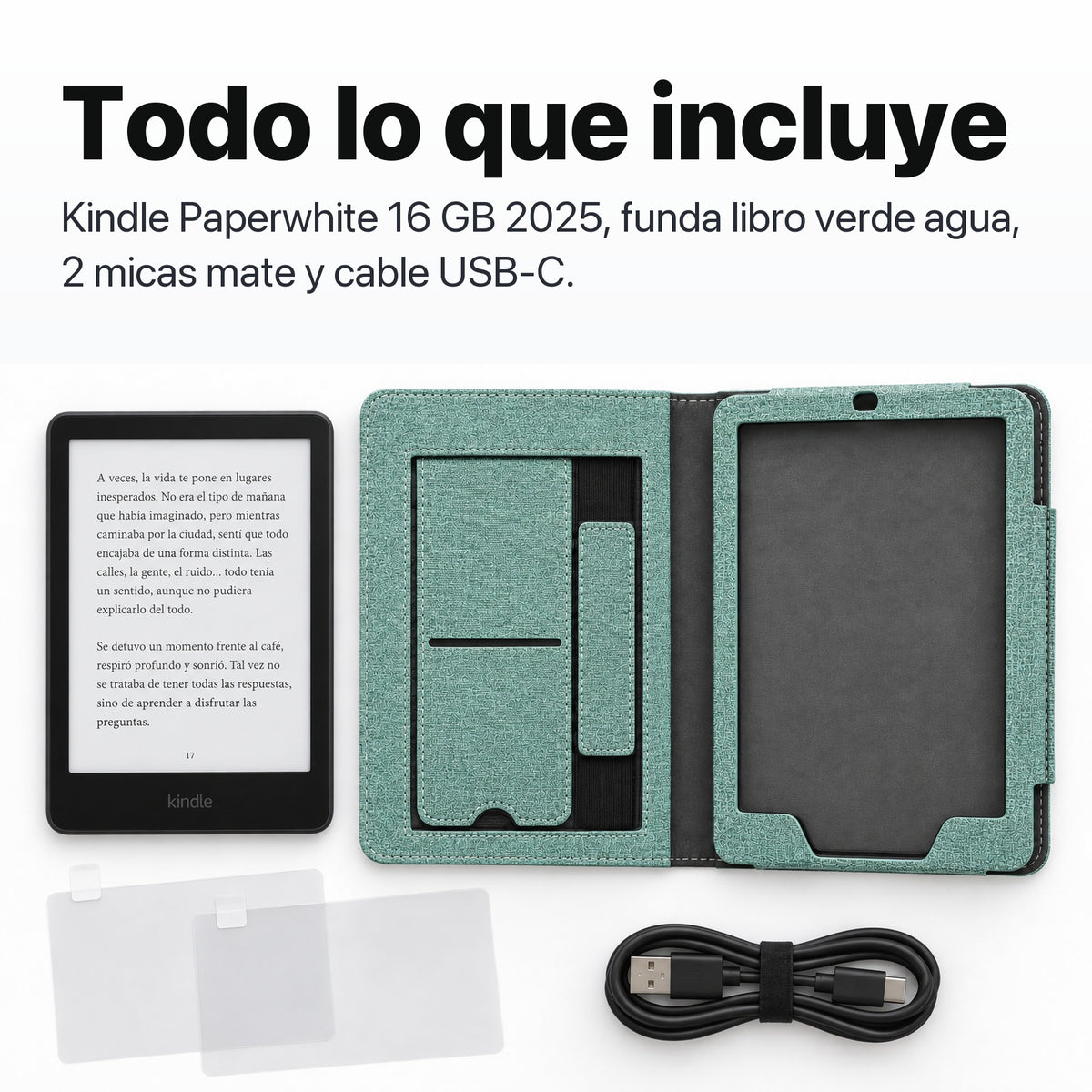 Contenido del pack: Kindle Paperwhite, funda libro verde agua, 2 micas mate y cable USB-C
