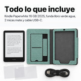 Contenido del pack: Kindle Paperwhite, funda libro verde agua, 2 micas mate y cable USB-C