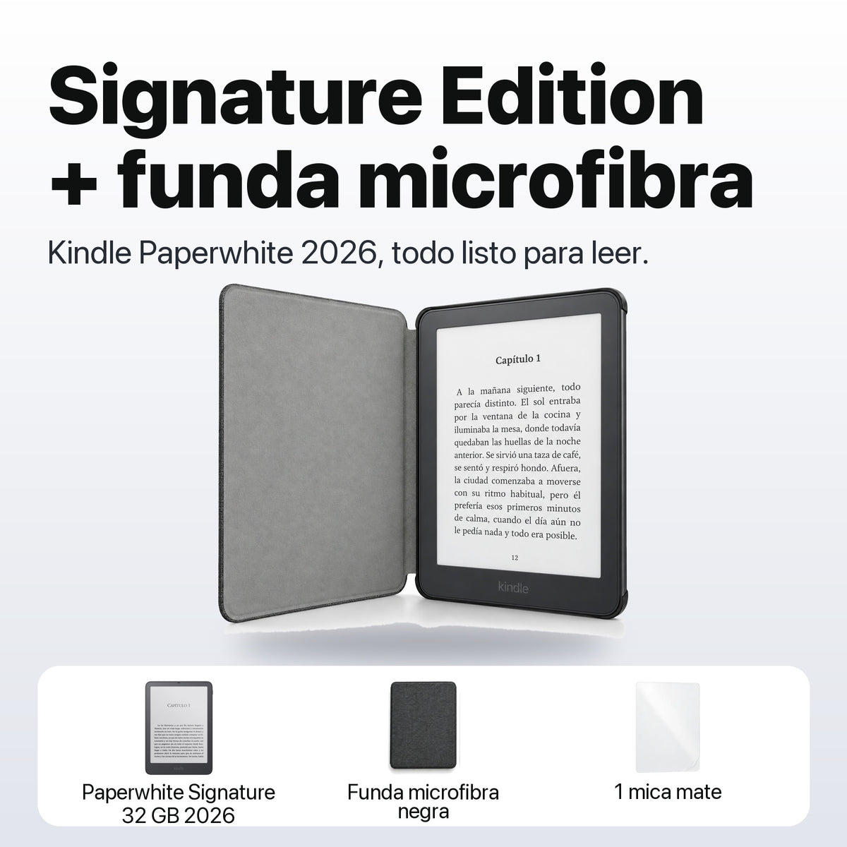 Kindle Paperwhite Signature Edition 2026 color Grafito con funda microfibra negra - qué incluye el pack