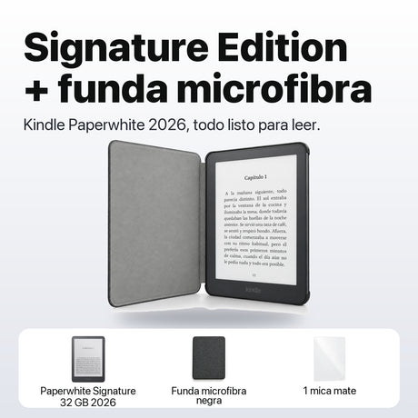 Kindle Paperwhite Signature Edition 2026 color Grafito con funda microfibra negra - qué incluye el pack