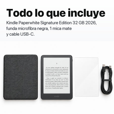 Kindle Paperwhite Signature Edition 2026 color Grafito con funda microfibra negra - todo lo que incluye