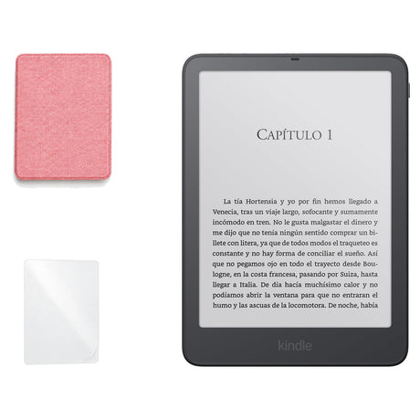 Kindle Paperwhite Signature Edition 2026 color Grafito con funda microfibra rosa - portada