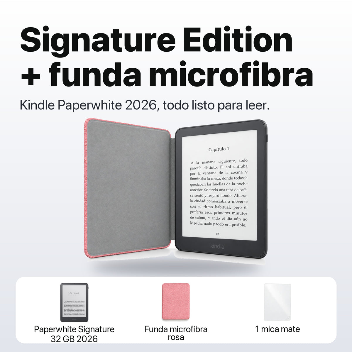 Kindle Paperwhite Signature Edition 2026 color Grafito con funda microfibra rosa - qué incluye el pack