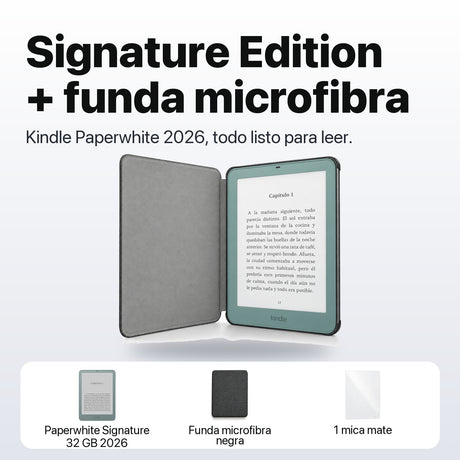 Kindle Paperwhite Signature Edition 2026 color Verde Seaglass con funda microfibra negra - qué incluye el pack