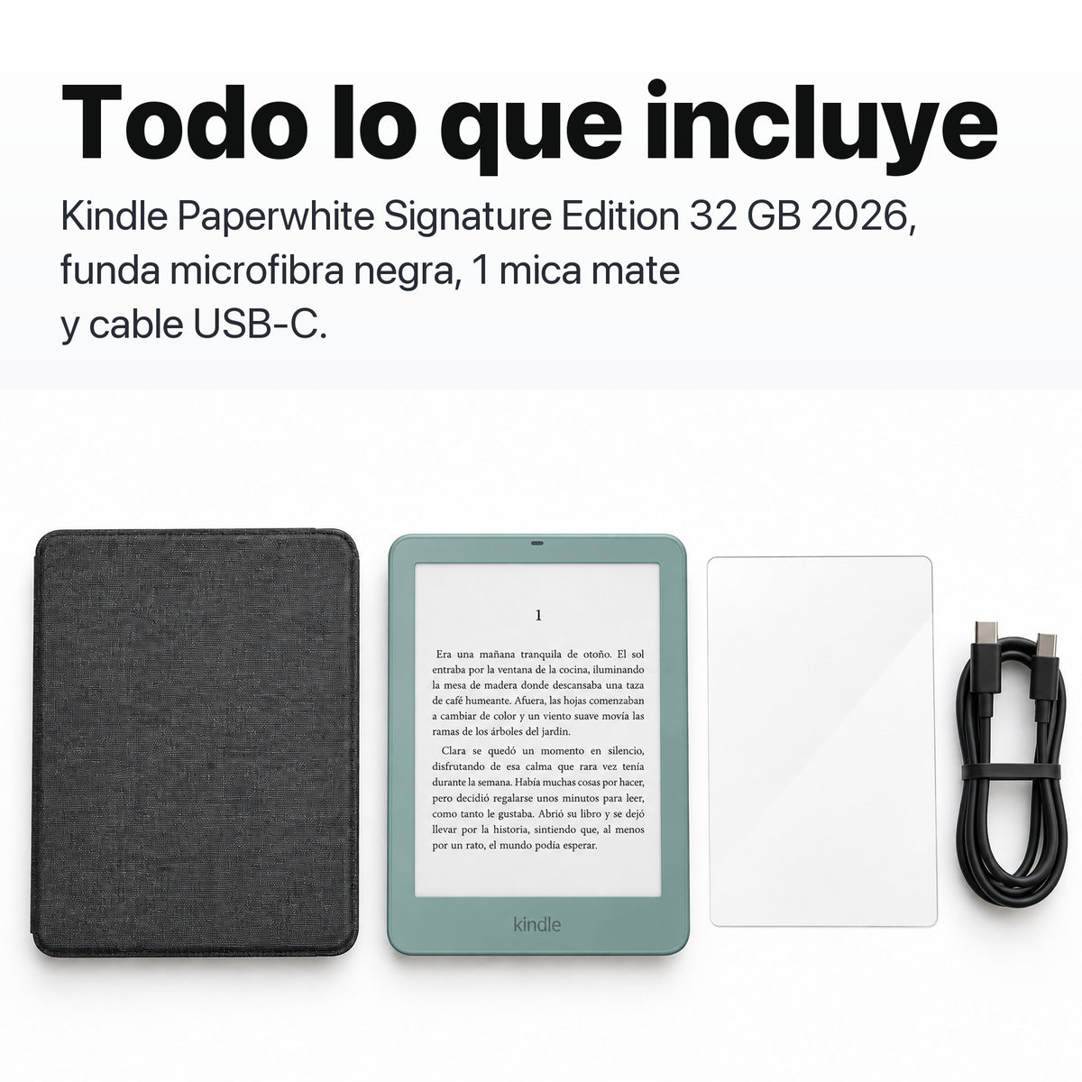 Kindle Paperwhite Signature Edition 2026 color Verde Seaglass con funda microfibra negra - todo lo que incluye