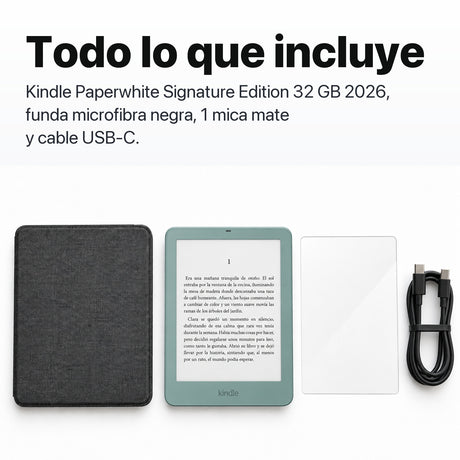 Kindle Paperwhite Signature Edition 2026 color Verde Seaglass con funda microfibra negra - todo lo que incluye