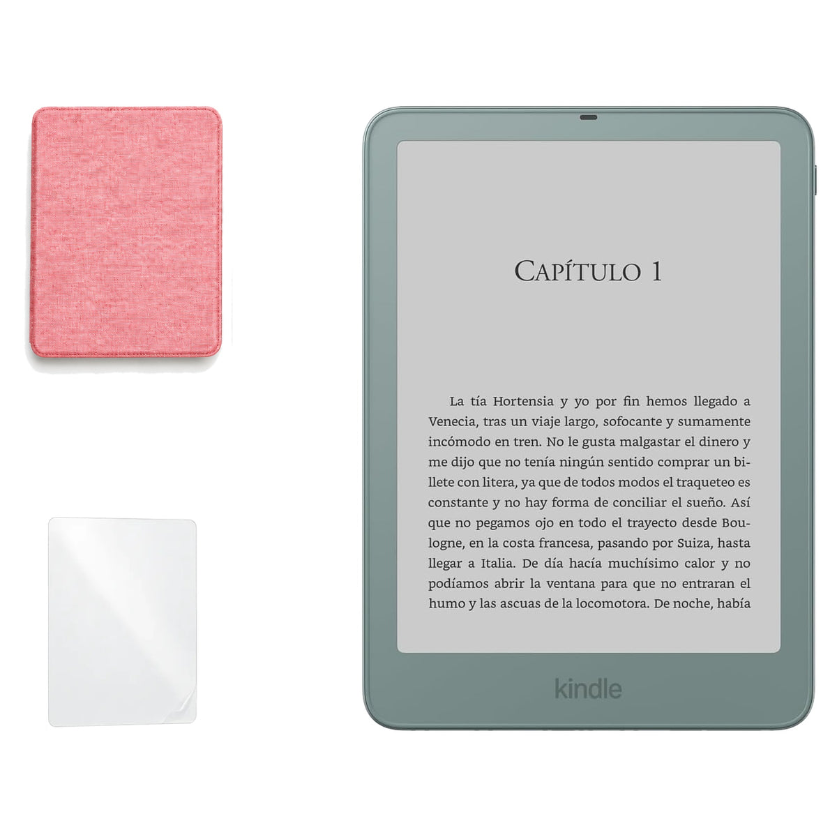 Kindle Paperwhite Signature Edition 2026 color Verde Seaglass con funda microfibra rosa - portada