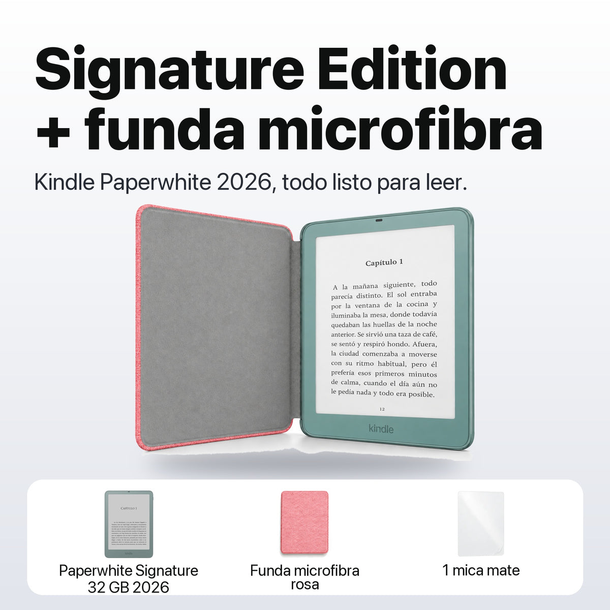 Kindle Paperwhite Signature Edition 2026 color Verde Seaglass con funda microfibra rosa - qué incluye el pack