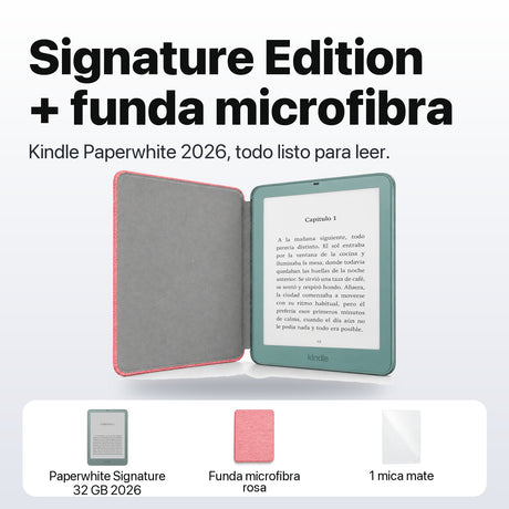 Kindle Paperwhite Signature Edition 2026 color Verde Seaglass con funda microfibra rosa - qué incluye el pack