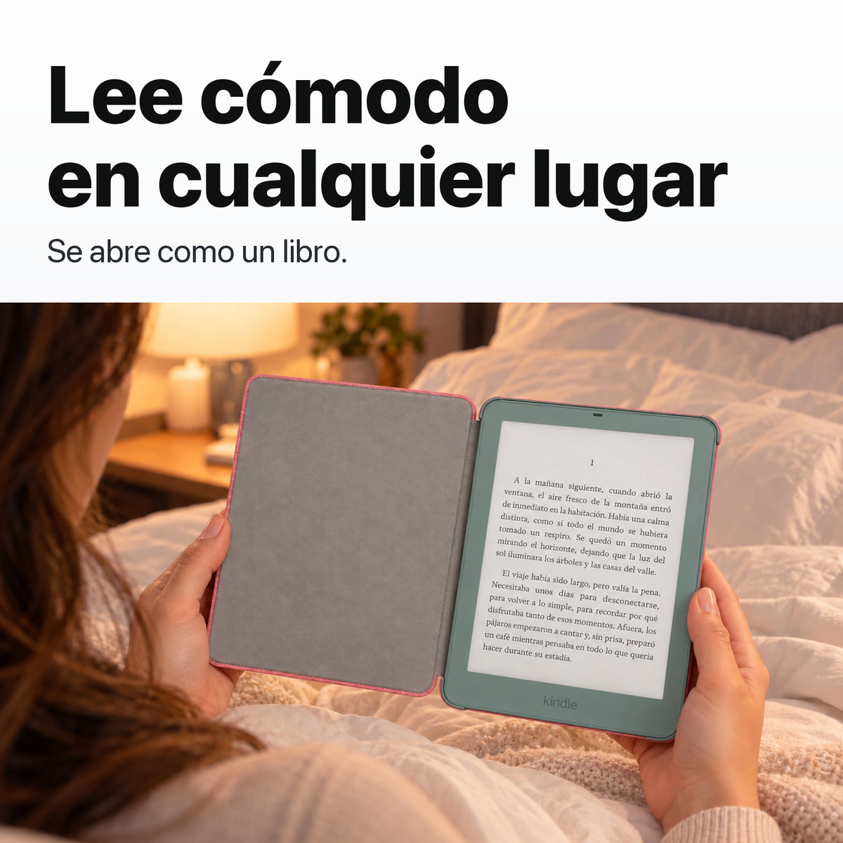 Kindle Paperwhite Signature Edition 2026 color Verde Seaglass con funda microfibra rosa - lectura cómoda en la cama