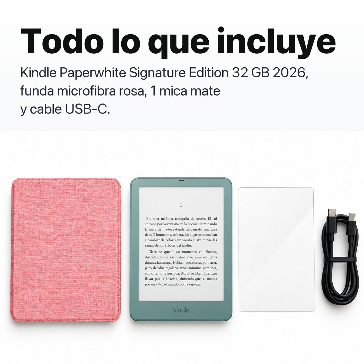 Kindle Paperwhite Signature Edition 2026 color Verde Seaglass con funda microfibra rosa - todo lo que incluye