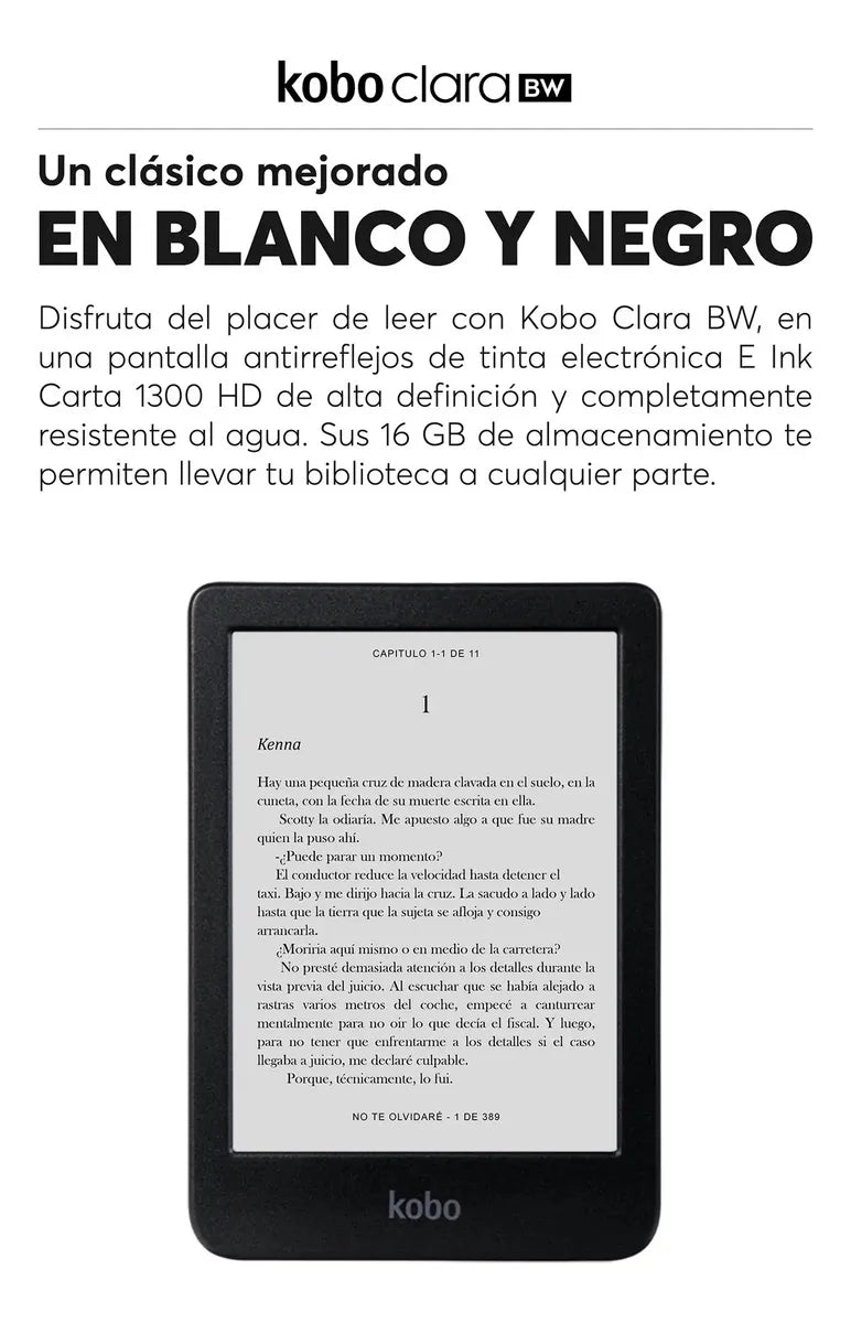 E-reader Kobo Clara BW 6'' HD 16GB Negro + Mica + Funda Resistente Al Agua