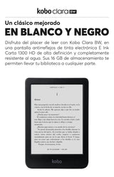 E-reader Kobo Clara BW 6'' HD 16GB Negro + Mica + Funda Resistente Al Agua