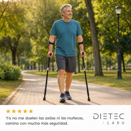 Adulto caminando con seguridad usando las muletas de antebrazo DIETEC