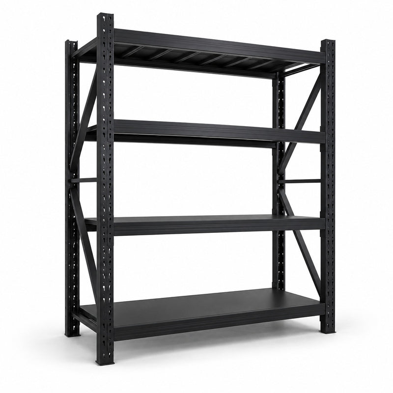 Estante metálico Laru Racks Helsinki negro 200x150x50 cm, 4 bandejas, vista 3/4