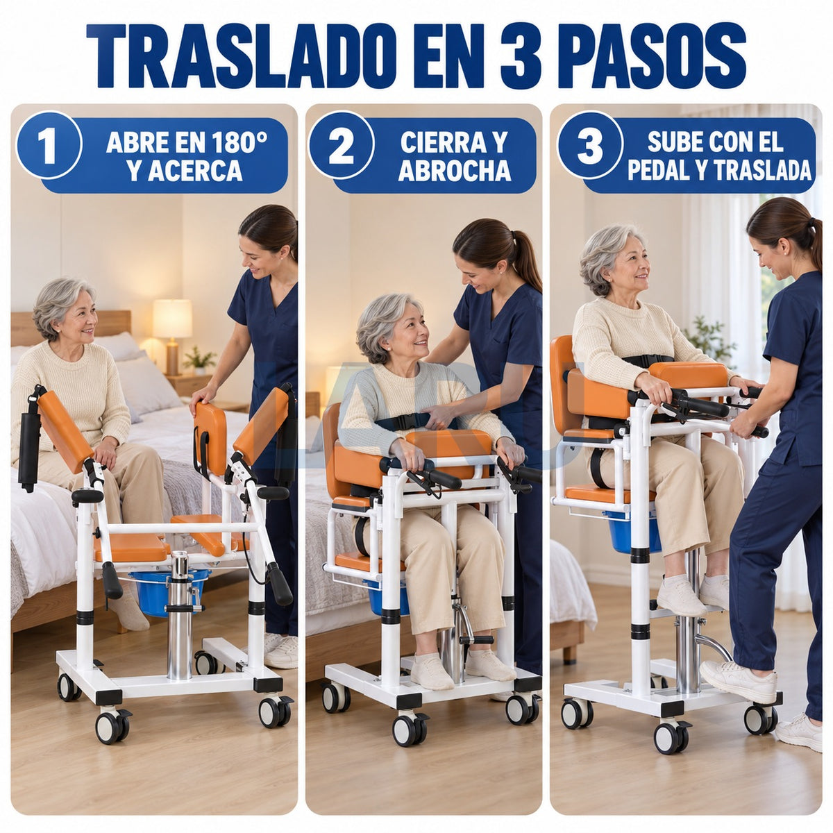 Silla de Traslado Hidráulica para Pacientes con WC y Apertura 180° - cómo funciona en 3 pasos