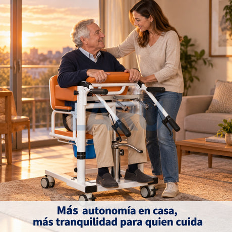 Silla de Traslado Hidráulica para Pacientes con WC y Apertura 180° - en el living con la familia