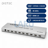 Splitter HDMI 1x8 DIETEC: 1 entrada 8 salidas, 4K 60Hz, HDMI 2.0, carcasa metálica