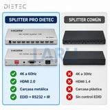 Splitter HDMI Pro DIETEC 4K 60Hz HDMI 2.0 versus splitter común 4K 30Hz