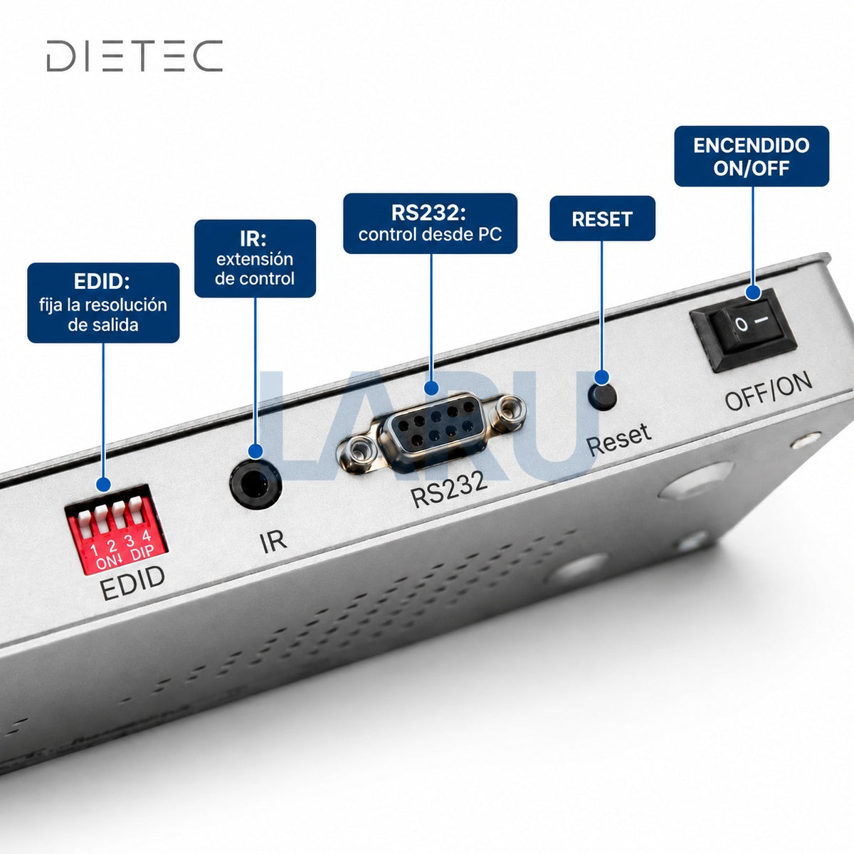 Detalle de controles del splitter HDMI DIETEC: switch EDID, IR, RS232, reset y encendido