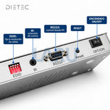 Detalle de controles del splitter HDMI DIETEC: switch EDID, IR, RS232, reset y encendido