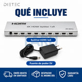 Qué incluye el splitter HDMI 1x8 DIETEC: splitter y fuente de poder 5V